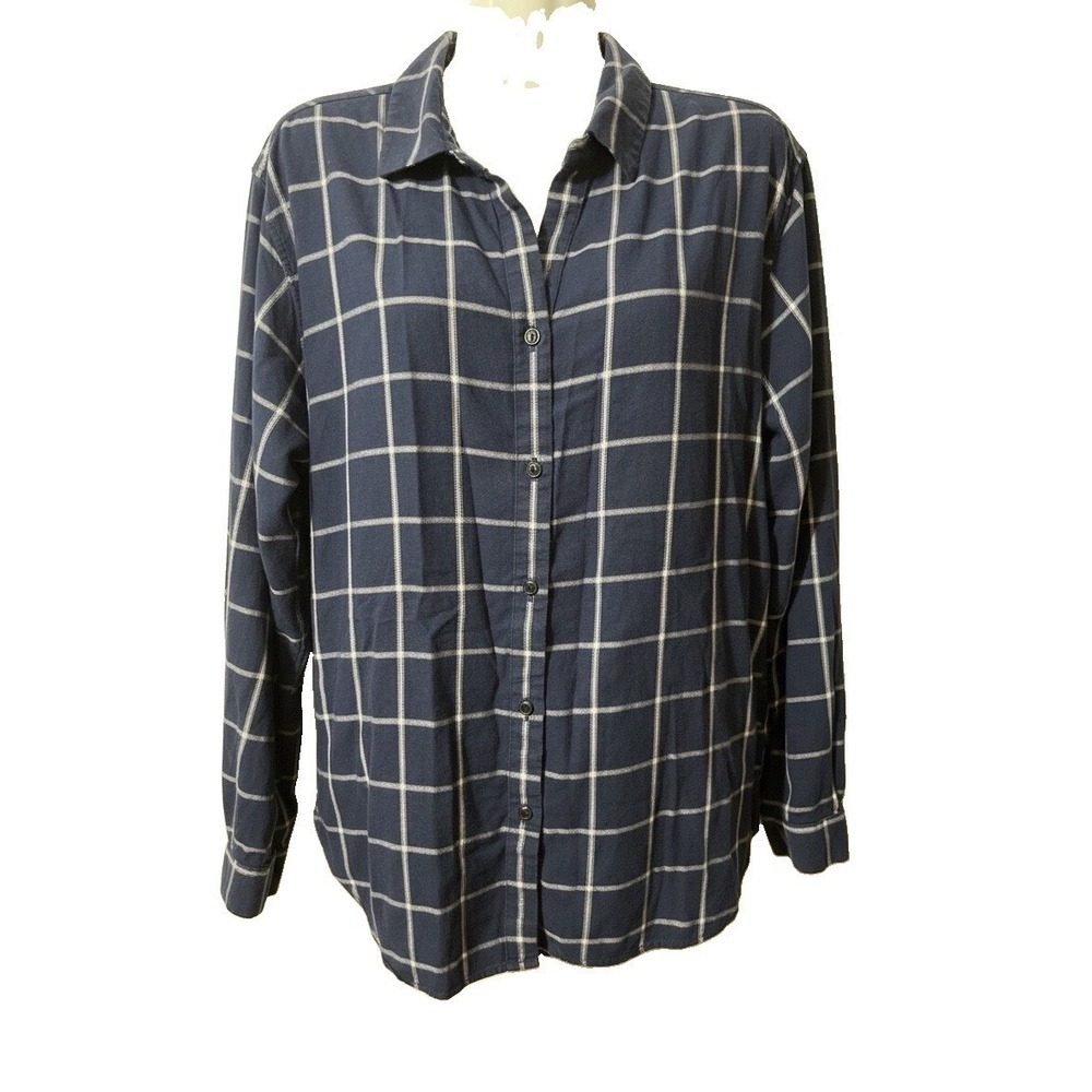 Uniqlo Shirt Womens XL Deep Blue Window Pane Button Up Flannel Super Soft Brush